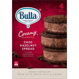 Photo of Bulla Creamy Classics Choc Hazelnut Spread Ice Cream Sandwiched By Choc Cookies 4 Pack 560ml