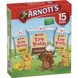 Photo of Arnotts Tiny Teddy Honey, Chocolate & Choc Chip 15 Packs 375g