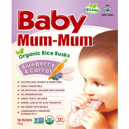 Photo of Baby Mum Mum Organic Rice Rusks Blueberry & Carrot 12+ Months 18 Pack 36g
