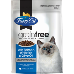 Photo of Fussy Cat Adult Grainfree+ with Salmon, Whitefish & Olive Oil Dry Cat Food 500gm Bag