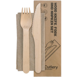 Photo of Bio Cutlery Wood Knife Fork & Napkin Set