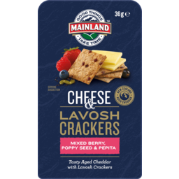 Photo of Mainland On The Go Tasty Aged Cheddar Cheese With Mixed Berry Poppy Seed & Pepita Lavosh Crackers 4 Pack 36g