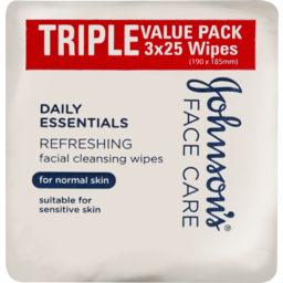 Photo of Johnson's Daily Essentials Facial Cleansing Wipes Normal Skin 3 X 25 Pack 190x185mm