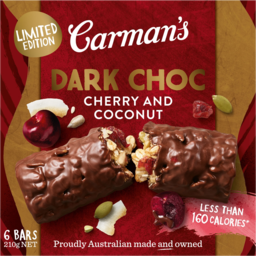 Photo of Carmans Dark Choc Cherry & Coconut Bars 6 Pack 210g