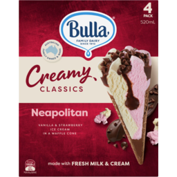 Photo of Bulla Creamy Classic Ice Cream Neapolitan Cones 4 Pack 520ml