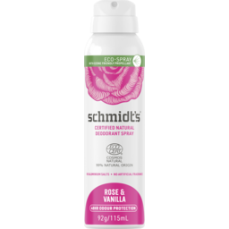 Photo of Schmidt's Certified Natural Aerosol Deodorant Spray Rose & Vanilla 48hr Odour Protection 115 Ml