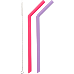 Photo of Little Mashies Straws - Silicone - Pink/Purple & Cleaning Brush