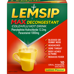 Photo of Lemsip Max Cold & Flu Hot Drink With Decongestant Lemon Sachets 10 Pack