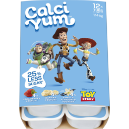 Photo of Calci Yum Toy Story Strawberry, Banana And Vanilla Flavoured Yoghurt Multipack 1.14 Kg (12 X Tubs)
