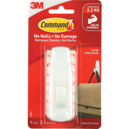 Photo of Command 3m Large Utility Adhesive Hooks Holds 2.2kg 1x Hook 2x Strips Single Pack