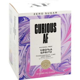 Photo of Curious AF Drinks Alcohol Free Vodka Spritz Passionfruit Lime & Soda 250ml Cans 4 Pack