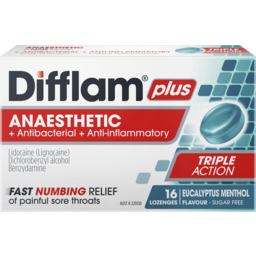 Photo of Difflam Plus Menthol & Eucalyptus Flavour + Anaesthetic Sugar Free Sore Throat Lozenges 16 Pack
