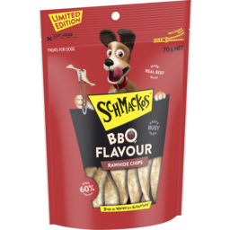 Photo of Schmackos™ Dog Treat Smokey Bacon BBQ Flavour Rawhide Chips 70g Bag 