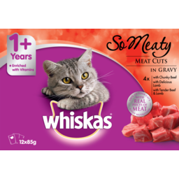 Photo of Whiskas 1+ Years Adult So Meaty Wet Cat Food With Meat Cuts In Gravy 12x85g Pouch 12.0x85g