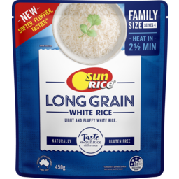 Photo of Sunrice Steamed Rice Long Grain White Rice Perfectly Cooked In 2 1/2 Mins Family Size Gluten Free 450g