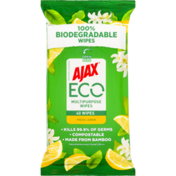 Photo of Ajax Eco Antibacterial Disinfectant Wipes, 40 Pack, Fresh Lemon, Multipurpose, 100% Biodegradable & Compostable 40pk