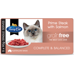 Photo of Fussy Cat Grain Free Prime Steak With Salmon Chilled Cat Food 5 X 90g 