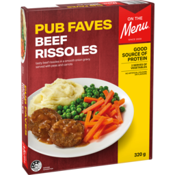 Photo of On The Menu Beef Rissoles With Gravy, Mash, Peas And Carrots 320gm