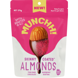 Photo of Munchh! Skinny Coated Almonds Dark Chocolate With Raspberry Dusting 275g