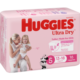 Photo of Huggies Ultra Dry Nappies, Girls, Size 5 Walker (13-18kg) 16pk
