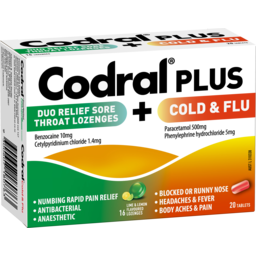 Photo of Codral Plus Cold & Flu Tablets 20 Pack + Sore Throat Relief Lozenges Lime & Lemon Flavour