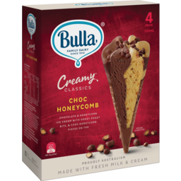 Photo of Bulla Creamy Classics Chocolate & Honeycomb Cones 4pk