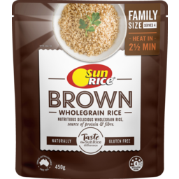 Photo of Sunrice Steamed Rice Brown Whole Grain Rice Perfectly Cooked In 2 1/2 Mins Family Size Gluten Free 450g