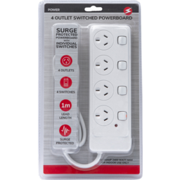Photo of Power 4 Outlet Switched Powerboard With Surge Protection Single Pack