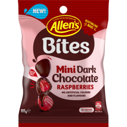 Photo of Allens Bites Mini Dark Chocolate Raspberries 120gm