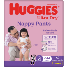Photo of Huggies Ultra Dry Nappy Pants For Girls 9-14kg Size 4 Jumbo 62 Pack