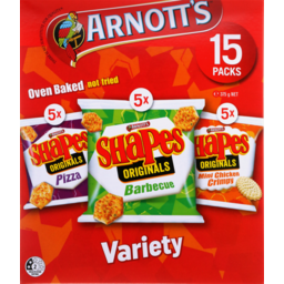Photo of ARNOTTS SHAPES ORIGINALS VARIETY PIZZA,BARBEQUE AND MINI CRIMPY 15 PACKS 375GM