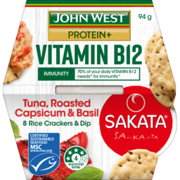 Photo of John West Protein Plus Tuna Dip With Rice Crackers Roasted Capsicum & Basil 94gm