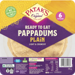 Photo of Patak's Ready To Eat Pappadums Plain 6 Pack 6x58g