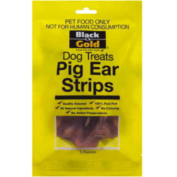 Photo of BLACK AND GOLD DOG TREATS PIG EAR STRIPS