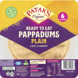 Photo of Pataks Ready To Eat Plain Pappadums 6 Pack 58g