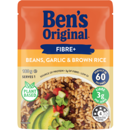 Photo of Ben’S Original Fibre+ Beans, Garlic & Brown Microwave Rice Pouch 180g
