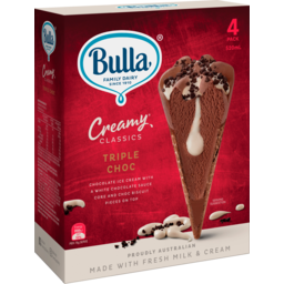 Photo of Bulla Creamy Classic Ice Cream Triple Choc Cones 4 Pack 520ml