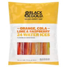 Photo of Black & Gold Orange, Cola, Lime & Raspberry Water Ices 24 Pack