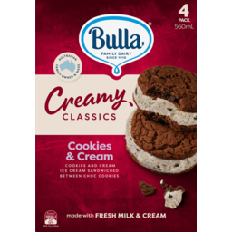 Photo of Bulla Creamy Classics Cookies & Cream Ice Cream Sandwiched 4 Pack