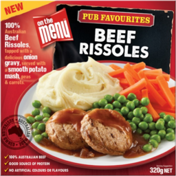 Photo of On The Menu Beef Rissoles With Gravy, Mash, Peas And Carrots 320g
