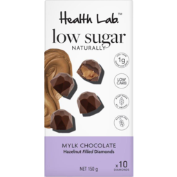 Photo of Health Lab Low Sugar Naturally Mylk Chocolate Hazelnut Filled Diamonds 10 Pack 150g