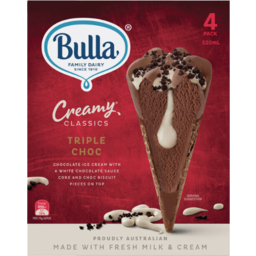 Photo of Bulla Creamy Classic Ice Cream Triple Choc Cones 4 Pack