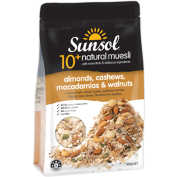 Photo of Sunsol 10+ Natural Almonds Cashews Macadamias & Walnuts Muesli 500g