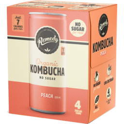 Photo of Remedy No Sugar Organic Peach Kombucha Sparkling Live Cultured Drink 4x250ml