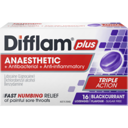 Photo of Difflam Plus Blackcurrant Flavour + Anaesthetic Sugar Free Sore Throat Lozenges 16 Pack