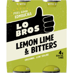 Photo of Lo Bros Organic Kombucha Lemon Lime & Bitters Sparkling Live Cultured Drink 4x250ml