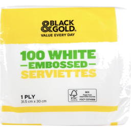 Photo of Black & Gold White Serviettes Embossed 1 Ply 100 Pack