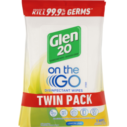 Photo of Glen 20 On The Go Disinfectant Wipes Lemon Lime 2 X 15 Pack 15.0x2
