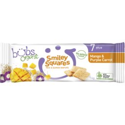 Photo of Bubs Organic Smiley Squares Mango & Purple Carrot 14g