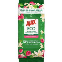 Photo of Ajax Eco Antibacterial Disinfectant Surface Cleaning Wipes, Bulk 110 Pack, Vanilla & Berries, Multipurpose, Biodegradable, Compostable, Made From Bamb